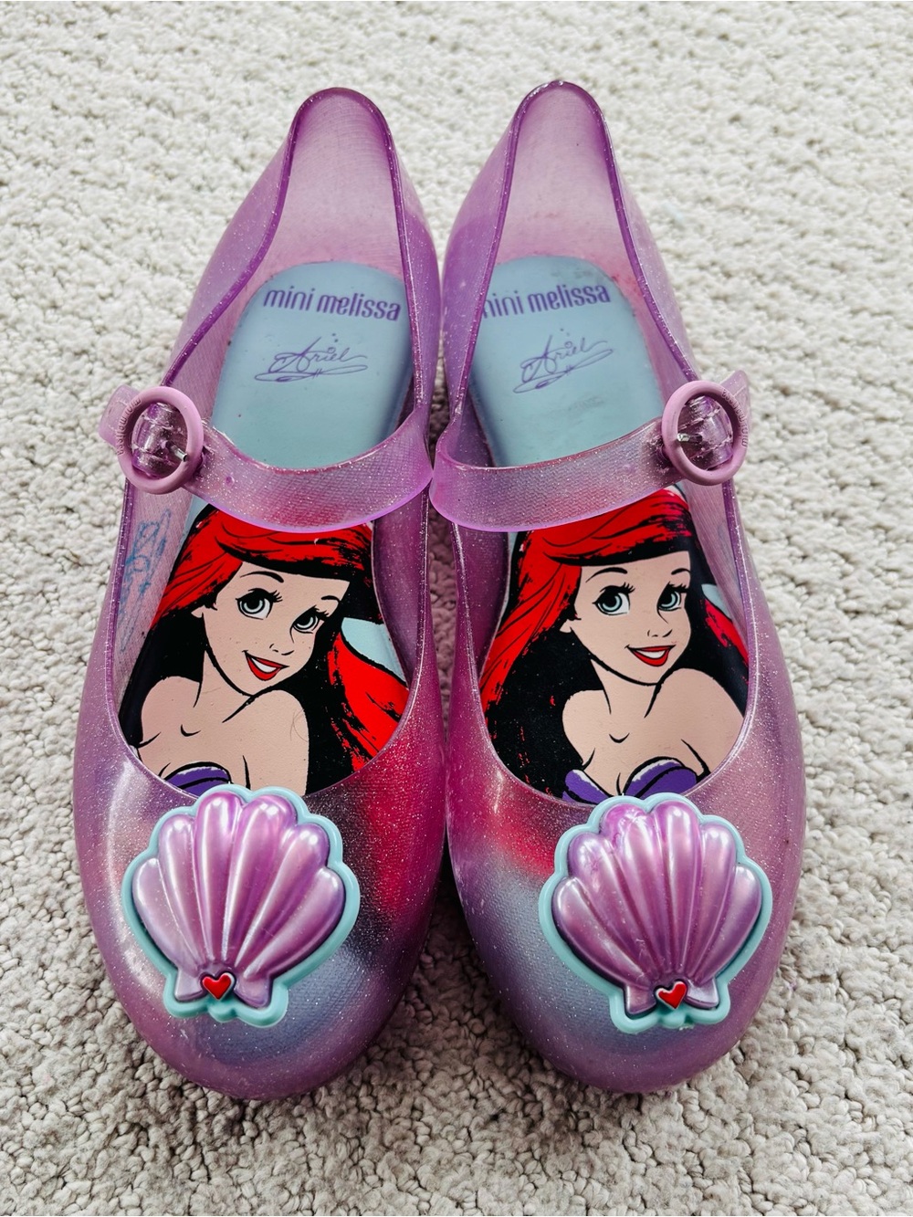 Melissa Kids Purple Glitter Jelly Shoes with Ariel Shell Charms
